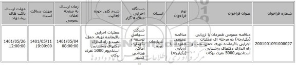 مناقصه، مناقصه عمومی همزمان با ارزیابی (یکپارچه) دو مرحله ای عملیات اجرایی باقیمانده تهیه، حمل، نصب و راه اندازی دکلهای روشنایی استادیوم 5000 نفری بوکان