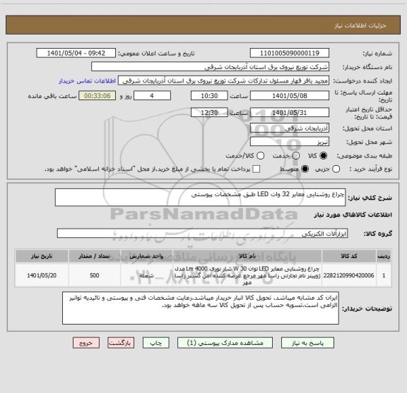 استعلام چراغ روشنایی معابر 32 وات LED طبق مشخصات پیوستی