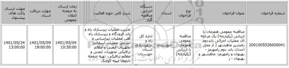 مناقصه، مناقصه عمومی همزمان با ارزیابی (یکپارچه) یک مرحله ای عملیات اجرائی بانددوم رامشیر ماهشهر ( از محل احداث باند دوم رامهرمز - بهبهان و رامهرمز- ماهشهر و بهبهان - ز