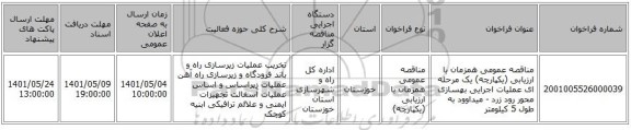 مناقصه، مناقصه عمومی همزمان با ارزیابی (یکپارچه) یک مرحله ای عملیات اجرایی بهسازی محور رود زرد - میداوود به طول 5 کیلومتر
