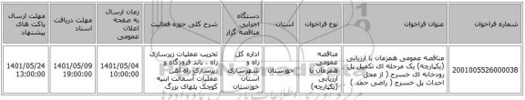 مناقصه، مناقصه عمومی همزمان با ارزیابی (یکپارچه) یک مرحله ای تکمیل پل رودخانه ای خسرج ( از محل احداث پل خسرج ( راضی حمد )