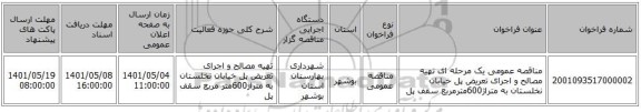 مناقصه، مناقصه عمومی یک مرحله ای تهیه مصالح و اجرای تعریض پل خیابان نخلستان به متراژ600مترمربع سقف پل