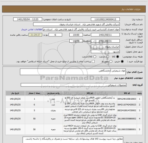 استعلام مواد شیمیایی آزمایشگاهی