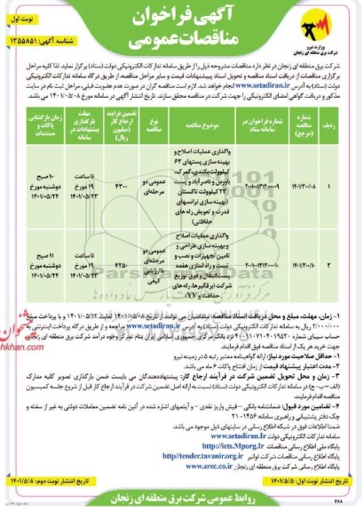 فراخوان مناقصه واگذاری عملیات اصلاح و بهینه سازی پستهای....
