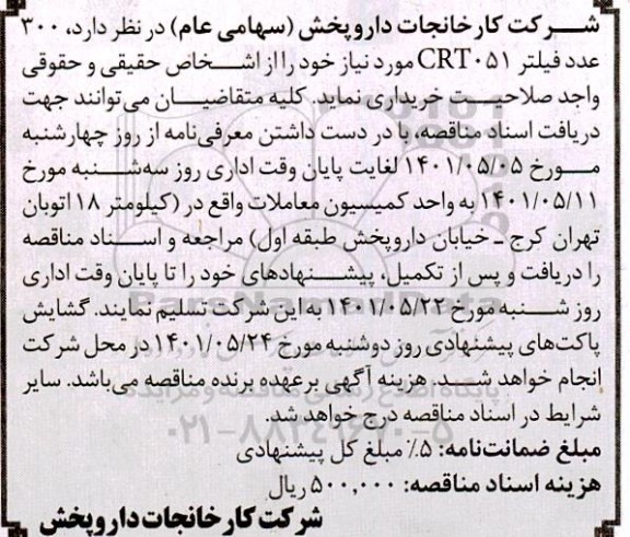 مناقصه خرید  300 عدد فیلتر CRT051 
