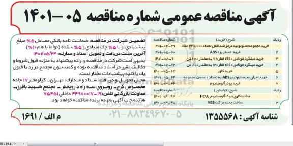 مناقصه خرید مجموعه سلونوئید ترمز ضد قفل.....