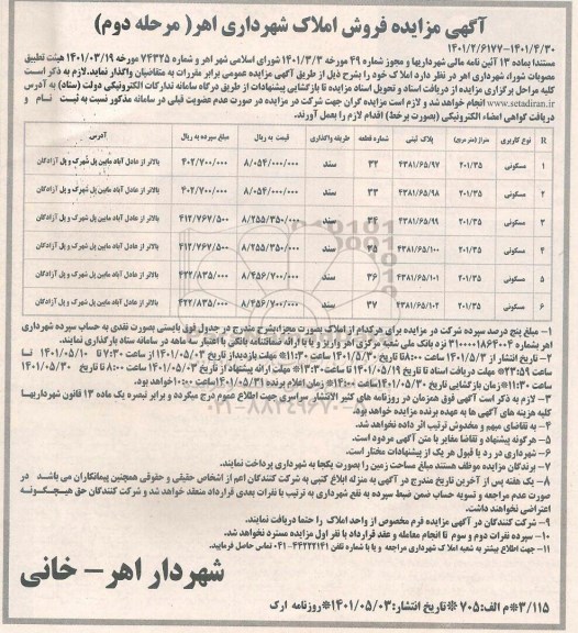 مزایده فروش املاک مسکونی