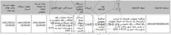 مناقصه، مناقصه عمومی همزمان با ارزیابی (یکپارچه) یک مرحله ای اجرای عملیات رفع اتفاقات، رفع خاموشی و نت شبکه در بخش صفا شهر و قادر آباد در شهرستان خرم بید 75-9-1-1401