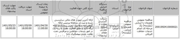مناقصه، مناقصه عمومی همزمان با ارزیابی (یکپارچه) یک مرحله ای انجام خدمات حفاظت فیزیکی