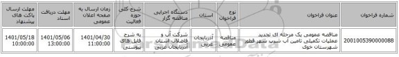 مناقصه، مناقصه عمومی یک مرحله ای تجدید عملیات تکمیلی تامین آب شرب شهر قطور شهرستان خوی