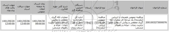 مناقصه، مناقصه عمومی همزمان با ارزیابی (یکپارچه) یک مرحله ای عملیات لکه گیری مقطعی و روکش آسفالت محور ترانزیت زنجان - میانه و راههای منشعب