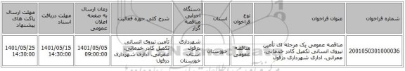 مناقصه، مناقصه عمومی یک مرحله ای تأمین نیروی انسانی تکمیل کادر خدماتی، عمرانی، اداری شهرداری دزفول