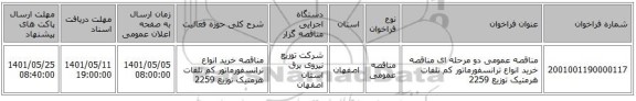 مناقصه، مناقصه عمومی دو مرحله ای مناقصه خرید انواع ترانسفورماتور کم تلفات  هرمتیک  توزیع 2259
