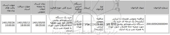 مناقصه، مناقصه عمومی همزمان با ارزیابی (یکپارچه) یک مرحله ای خرید یک دستگاه ترانسفورماتور روغنی 3200 کاوا جهت تصفیه خانه فاضلاب جنوب تهران به همراه نصب و راه اندازی