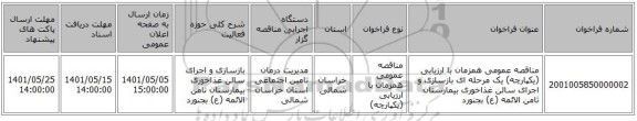 مناقصه، مناقصه عمومی همزمان با ارزیابی (یکپارچه) یک مرحله ای  بازسازی و اجرای سالن غذاخوری بیمارستان ثامن الائمه (ع) بجنورد