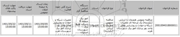 مناقصه، مناقصه عمومی همزمان با ارزیابی (یکپارچه) یک مرحله ای تعمیرات شبکه و حوادث و روشنایی  معابر  واحد  بهر برداری امور برق شهرستان هرند