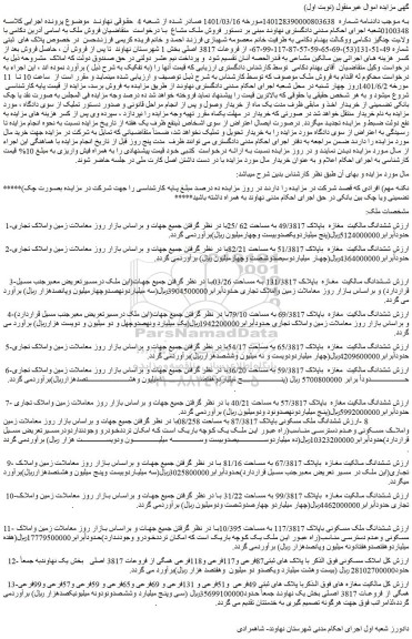 مزایده فروش ششدانگ مالکیت مغازه باپلاک 49/3817 به مساحت 62 /25