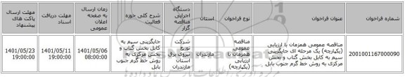 مناقصه، مناقصه عمومی همزمان با ارزیابی (یکپارچه) یک مرحله ای جایگزینی سیم به کابل بخش گتاب و بخش مرکزی به روش خط گرم	جنوب بابل