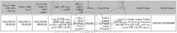 مناقصه، مناقصه عمومی همزمان با ارزیابی (یکپارچه) دو مرحله ای خرید 13.700 عدد لامپ گازی 210 و 70 وات بخار سدیم و 25 وات LED حبابی