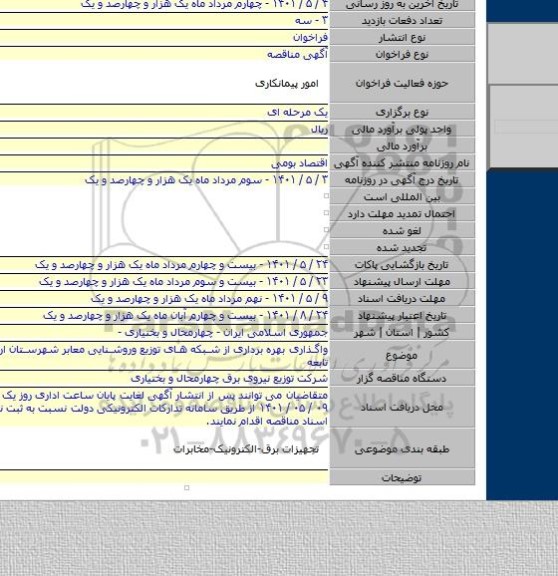 مناقصه, واگذاری بهره برداری از شبکه های توزیع وروشنایی معابر شهرستان اردل وشعب تابعه