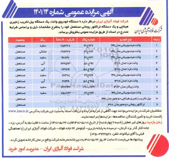 مزایده 9 دستگاه خودروی وانت، یک دستگاه بیل تخریب زنجیری هیتاچی و یک دستگاه تراکتور رومانی