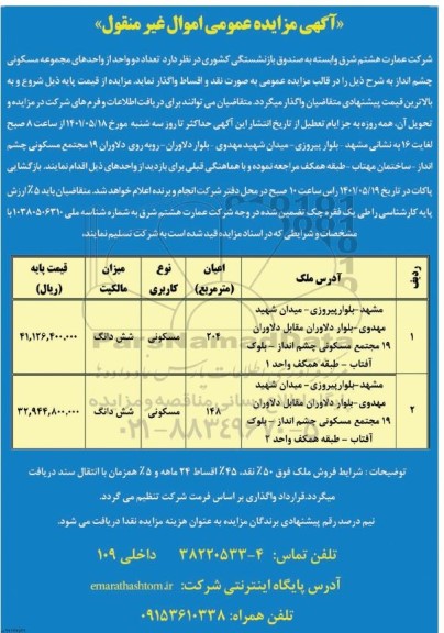 مزایده واگذاری تعداد دو واحد از واحدهای مجموعه مسکونی چشم انداز به صورت نقد و اقساط