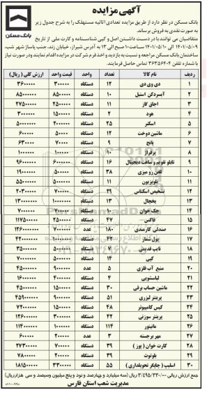 مزایده تعدادی اثاثیه مستهلک 