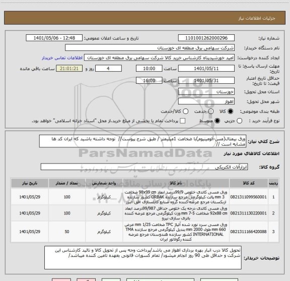 استعلام ورق بیمتال(مس-آلومینیوم)با ضخامت 1میلیمتر / طبق شرح پیوست//  توجه داشته باشید که ایران کد ها مشابه است //