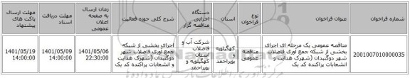مناقصه، مناقصه عمومی یک مرحله ای اجرای بخشی از شبکه جمع آوری فاضلاب شهر دوگنبدان (شهرک هدایت و انشعابات پراکنده کد یک