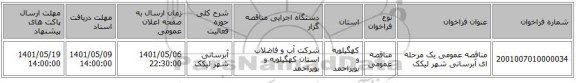 مناقصه، مناقصه عمومی یک مرحله ای آبرسانی شهر لیکک