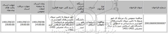 مناقصه، مناقصه عمومی یک مرحله ای امور مربوط به تامین نیروی تکنیسن‌های آموزشی و پشتیبانی و خدماتی دانشگاه هنر اسلامی تبریز را در سال تحصیلی 1402-1401