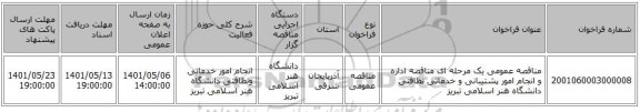 مناقصه، مناقصه عمومی یک مرحله ای مناقصه اداره و انجام امور پشتیبانی و خدماتی نظافتی  دانشگاه هنر اسلامی تبریز