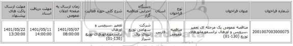 مناقصه، مناقصه عمومی یک مرحله ای تعمیر ،سرویس و اورهال ترانسفورماتورهای توزیع (130-01)