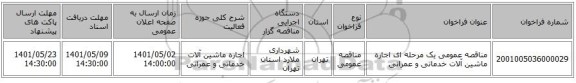مناقصه، مناقصه عمومی یک مرحله ای  اجاره ماشین آلات خدماتی و عمرانی