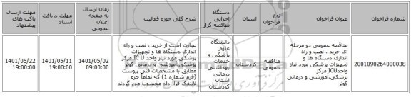 مناقصه، مناقصه عمومی دو مرحله ای خرید ، نصب و راه اندازی دستگاه ها و تجهیزات پزشکی مورد نیاز واحدICU مرکز پزشکی،آموزشی و درمانی کوثر