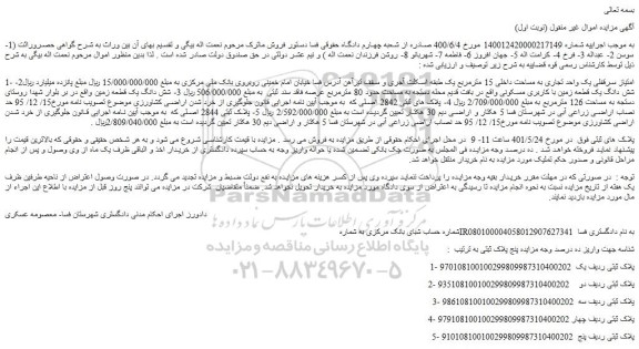 مزایده فروش امتیاز سرقفلی یک واحد تجاری به مساحت داخلی 15 مترمربع و...