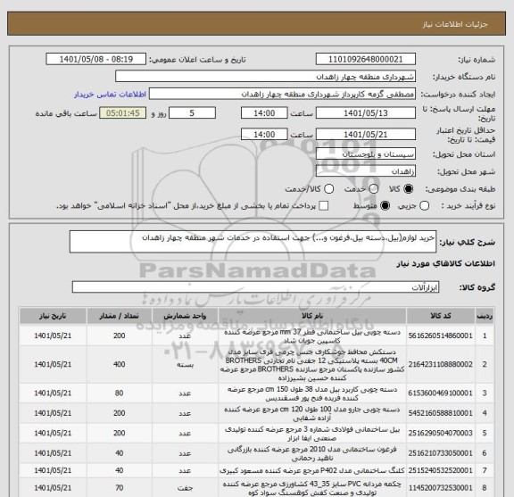 استعلام خرید لوازم(بیل،دسته بیل،فرغون و...) جهت استفاده در خدمات شهر منطقه چهار زاهدان