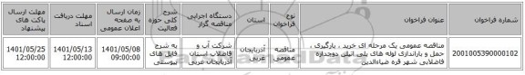 مناقصه، مناقصه عمومی یک مرحله ای خرید ، بارگیری ، حمل و باراندازی لوله های پلی اتیلن دوجداره فاضلابی شهر قره ضیاءالدین