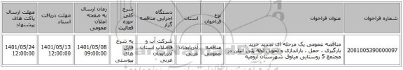 مناقصه، مناقصه عمومی یک مرحله ای تجدید خرید ، بارگیری ، حمل ، باراندازی و تحویل لوله پلی اتیلن در مجتمع 5 روستایی میاوق شهرستان ارومیه