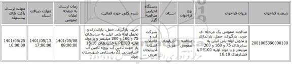 مناقصه، مناقصه عمومی یک مرحله ای خرید، بارگیری، حمل، باراندازی و تحویل لوله پلی اتیلن به سایزهای 75 و 160 و 200 میلیمتر و با مواد اولیه PE100 با فشارهای 16،10