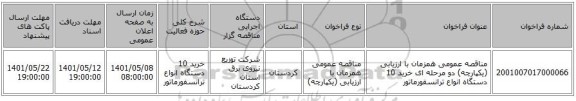 مناقصه، مناقصه عمومی همزمان با ارزیابی (یکپارچه) دو مرحله ای خرید 10 دستگاه انواع ترانسفورماتور