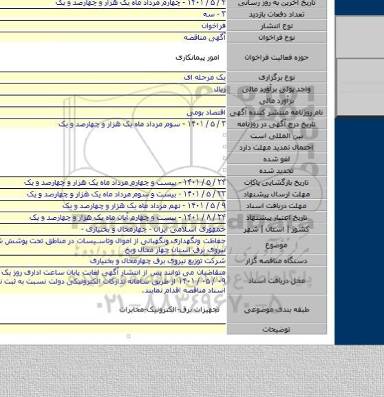 مناقصه, حفاظت ونگهداری ونگهبانی از اموال وتاسیسات در مناطق تحت پوشش شرکت توزیع نیروی برق استان چهار محال وبخ