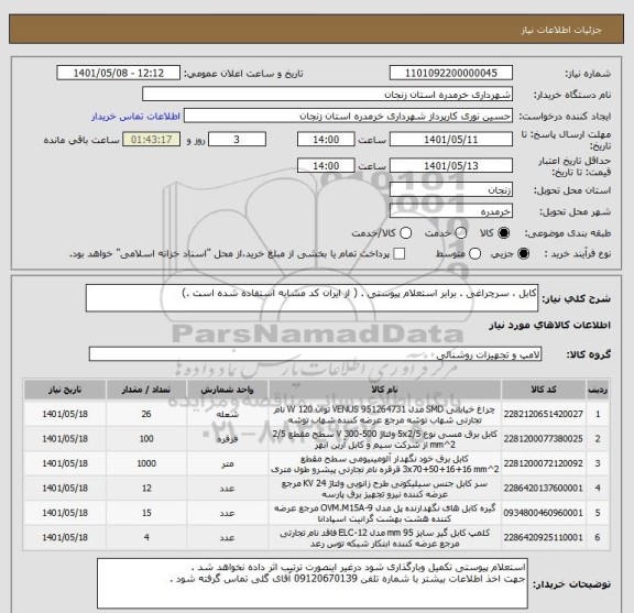 استعلام کابل ، سرچراغی . برابر استعلام پیوستی . ( از ایران کد مشابه استفاده شده است .)