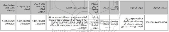 مناقصه، مناقصه عمومی یک مرحله ای طرح تکمیل آبرسانی روستای آق قایه شهرستان نیشابور