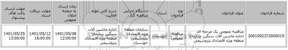 مناقصه، مناقصه عمومی یک مرحله ای اجاره ماشین آلات سنگین سازمان منطقه ویژه اقتصادی پتروشیمی