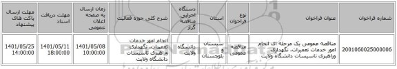 مناقصه، مناقصه عمومی یک مرحله ای انجام امور خدمات تعمیرات، نگهداری وراهبری تاسیسات دانشگاه ولایت