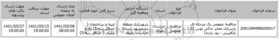 مناقصه، مناقصه عمومی یک مرحله ای بازسازی معابر خاکی توس 33 ( بازآفرینی - زود بازده)