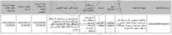 مناقصه، مناقصه عمومی یک مرحله ای بازسازی خیابان های خاکی معابر محدوده شهرک مهرگان و بلوار شهید کشمیری