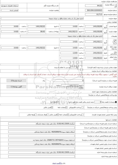 مزایده ، اجاره محل یک باب واحد تجاری واقع در خیابان چنچنه