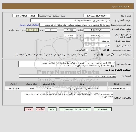استعلام قند 700 گرمی لفاف دا زیپ دار (ر  2حبه ای بلژیکی لفاف دار بارگاه) (لفاف سلفونی )
تاریخ انقضا حداکثر سال 1403 - دارای مجوز سیب سلامت
